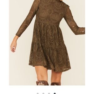 Molly Bracken Lace Mock Neck Lace Mini Dress Olive Size XL